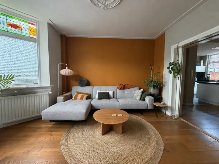 Warme woonkamer met kleur, hout en een vrije looproute
