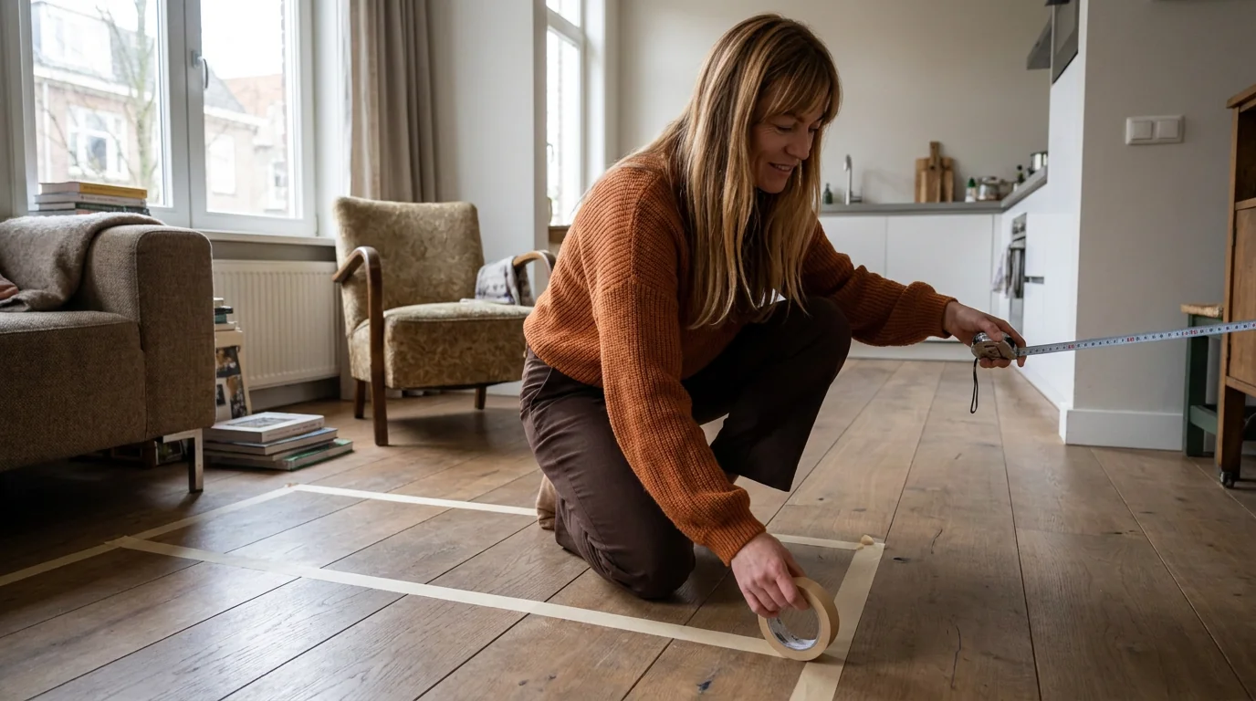Pleunie controleert meubelmaat en loopruimte in een woonkamer