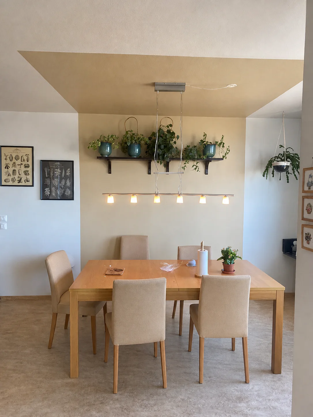 Houten eettafel met beige stoelen, planten en een zandkleurig vlak op wand en plafond
