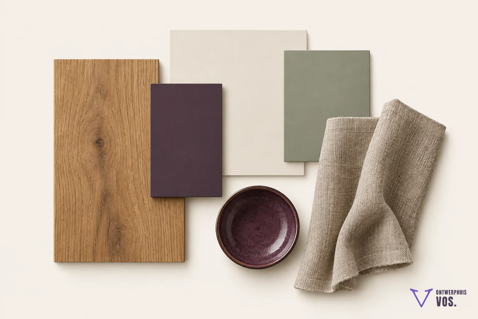 Moodboard met warm eiken, pruim, zacht groen, warm wit en natuurlijk linnen