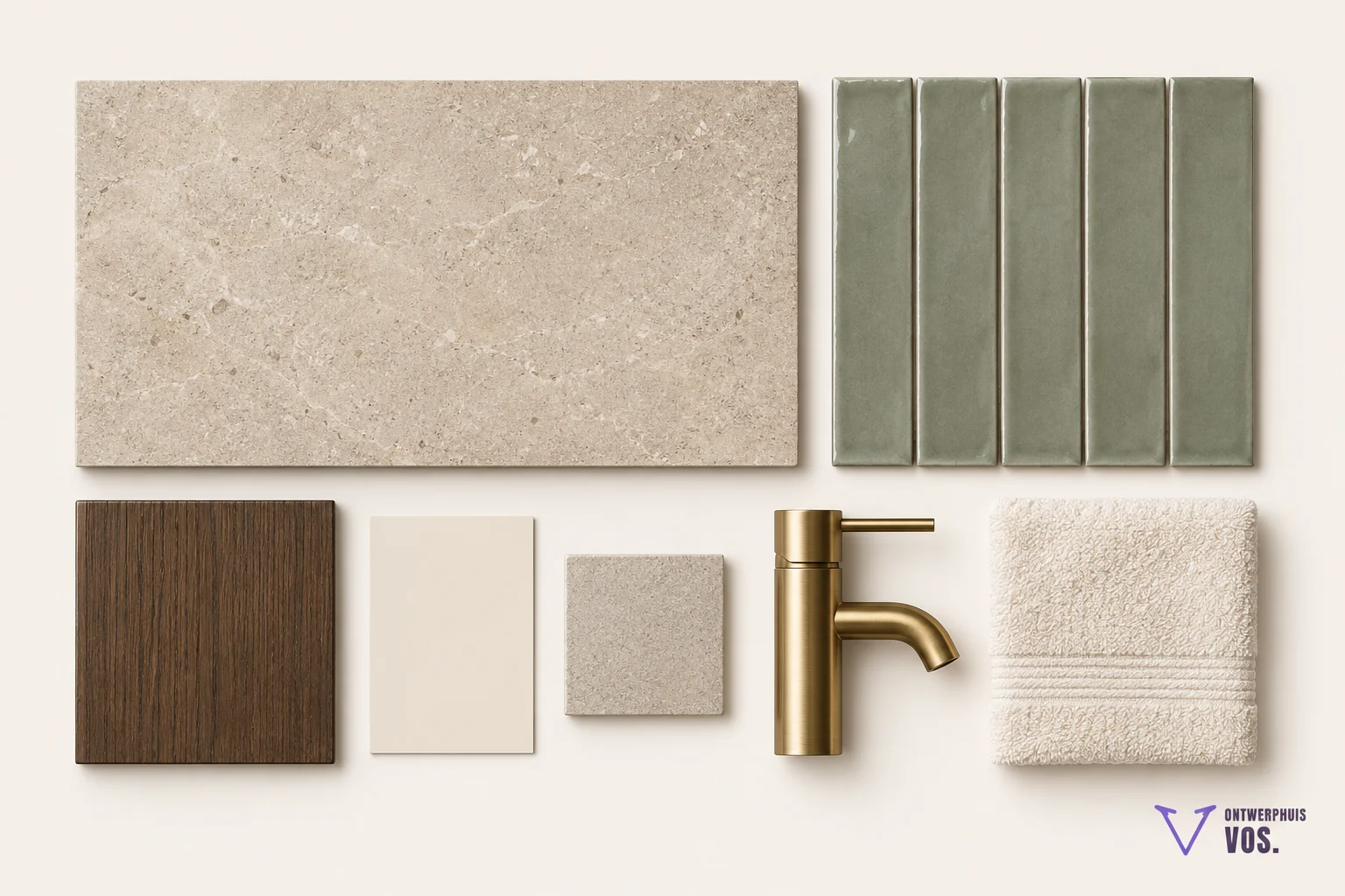 Materiaal-moodboard met beige tegel, saliegroen, donker eiken, warm wit en messing