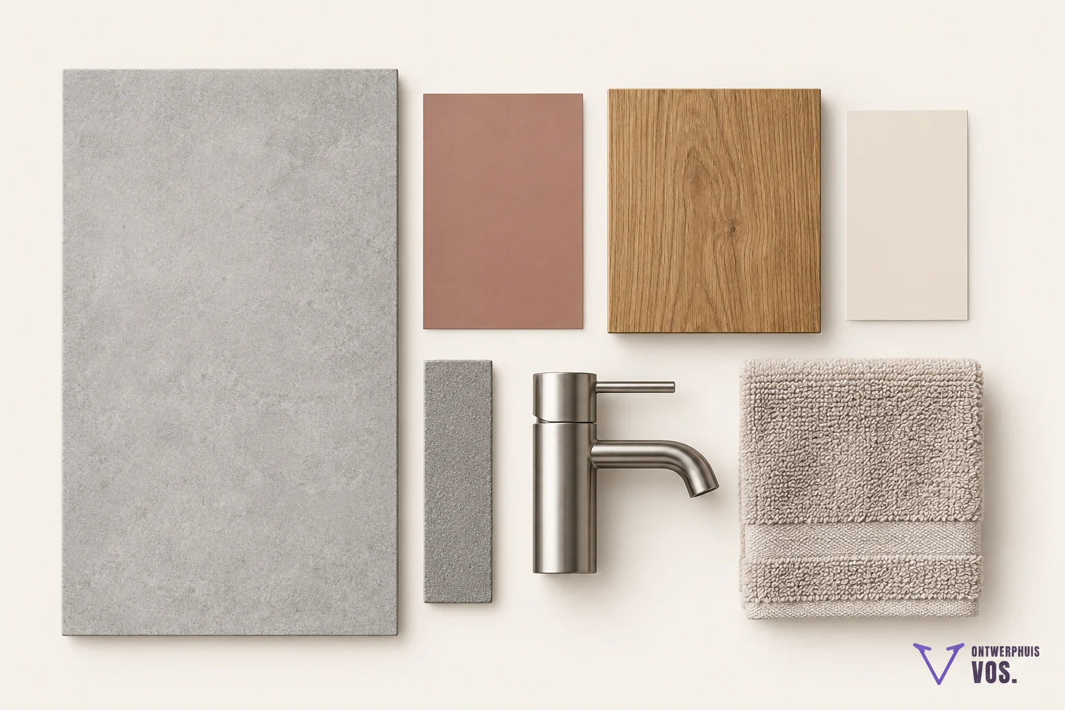 Materiaal-moodboard met grijze tegel, kleiroze, warm eiken, gebroken wit en geborsteld nikkel