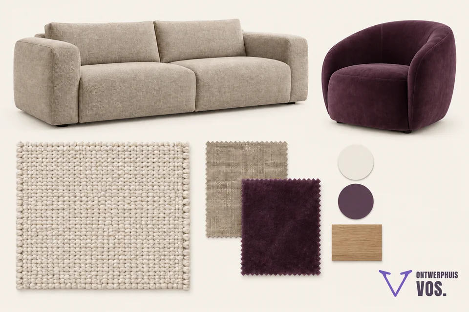 Moodboard met een zandkleurige bank, wollen kleed en pruimkleurige fauteuil
