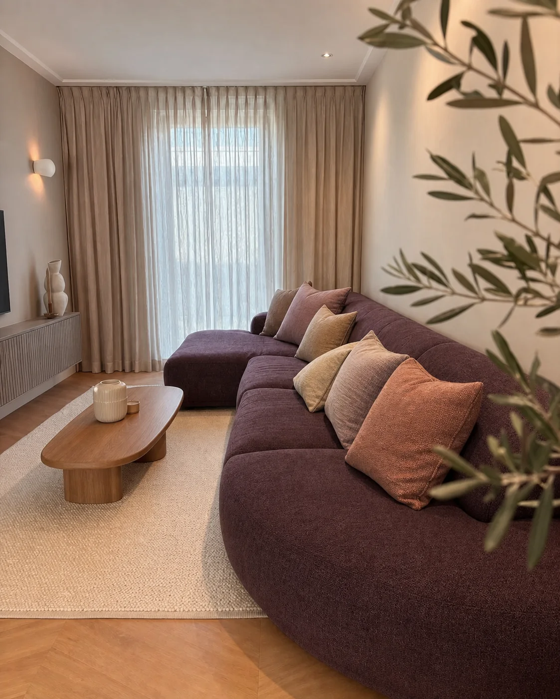 Compacte woonkamer met een paarse bank