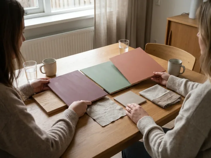 Kleur- en materiaalstalen vergelijken tijdens een adviesgesprek aan tafel