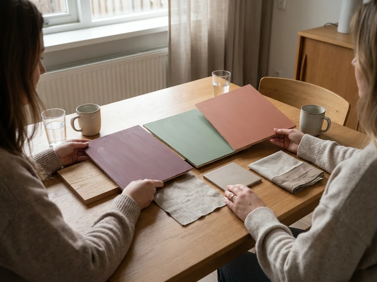 Kleur- en materiaalstalen worden samen aan tafel beoordeeld