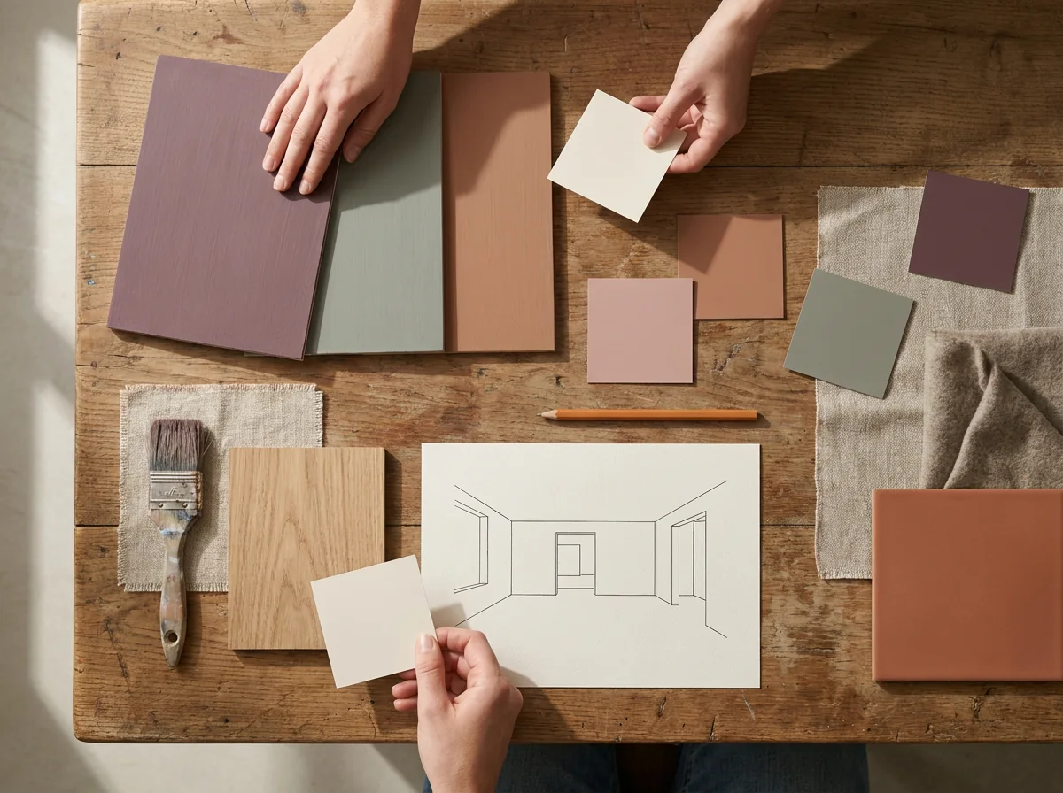 Kleur- en materiaalstalen met een praktisch plan op tafel