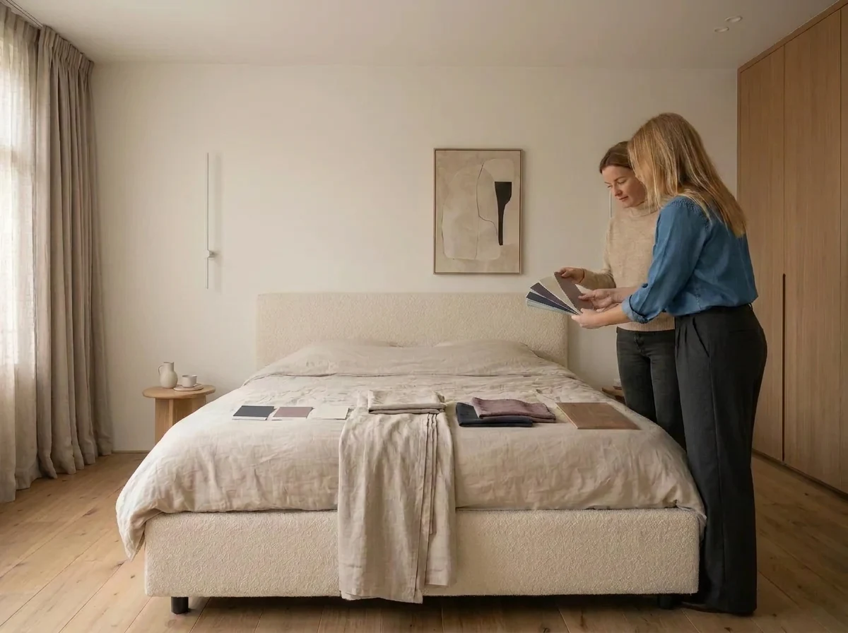Pleunie bespreekt kleur- en materiaalstalen met een klant in de ruimte