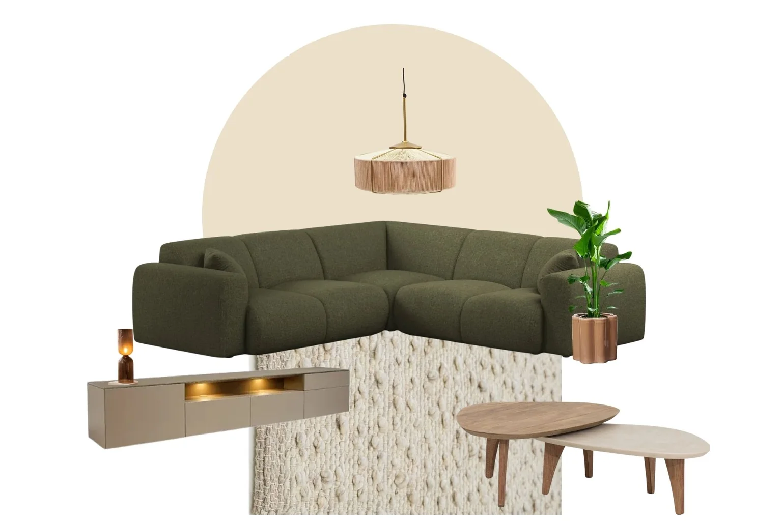 Meubelplan voor een zithoek met groene hoekbank, vloerkleed, salontafels, kast, lamp en plant