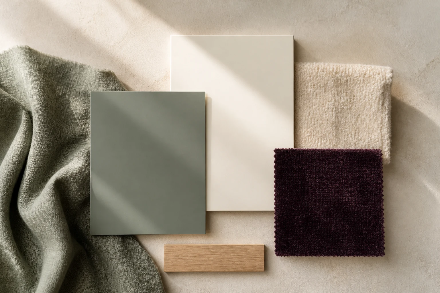 Kleurmoodboard met salie, warm wit en aubergine voor de slaapkamer