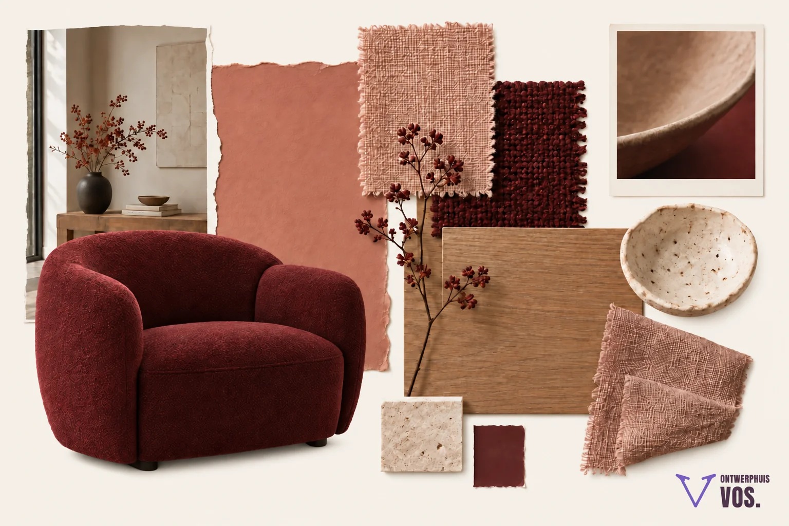 Moodboard met een bordeauxrode fauteuil, kleiroze verf en stof, eikenhout en crème keramiek