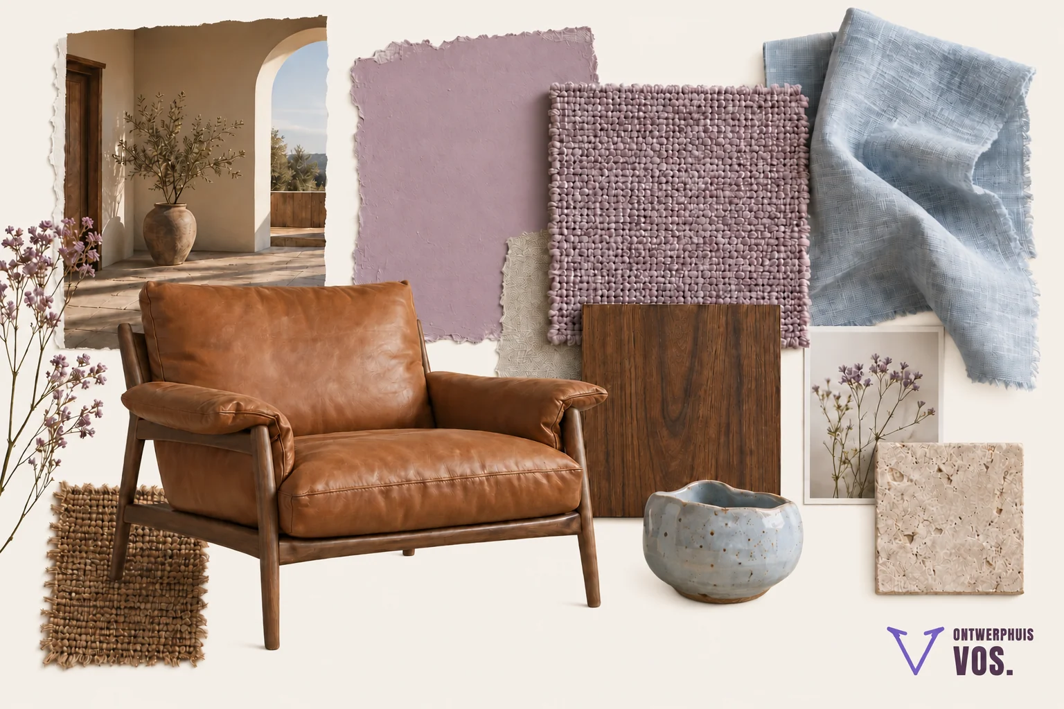 Moodboard met een karamellen leren fauteuil, lila verf en stof, lichtblauw linnen en donker hout