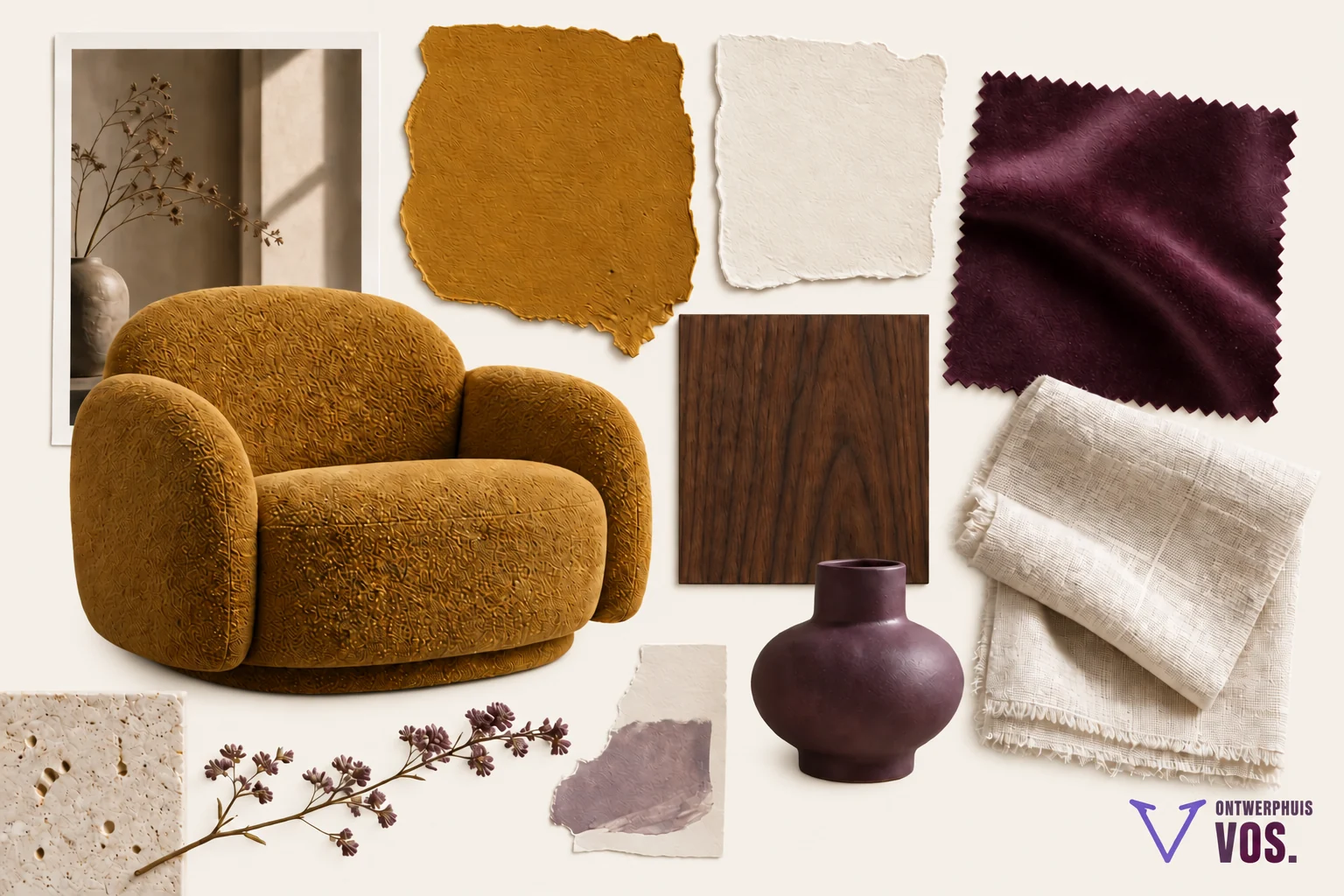 Moodboard met een okergele fauteuil, pruimkleurige stof, warm wit linnen en donker hout