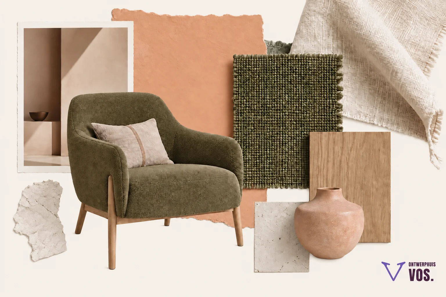 Moodboard met een olijfgroene fauteuil, perzikkleurig verfstaal, crème linnen en eikenhout