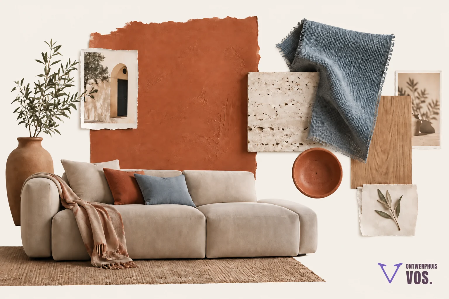 Moodboard met een zandkleurige bank, terracotta verfstaal, stoffig blauwe stof en licht hout
