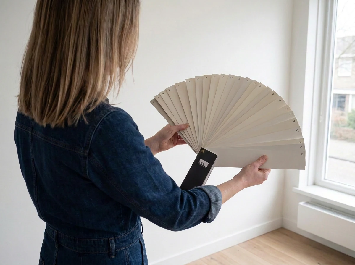Pleunie beoordeelt een brede waaier met wittinten bij het raam, de wand en de houten vloer