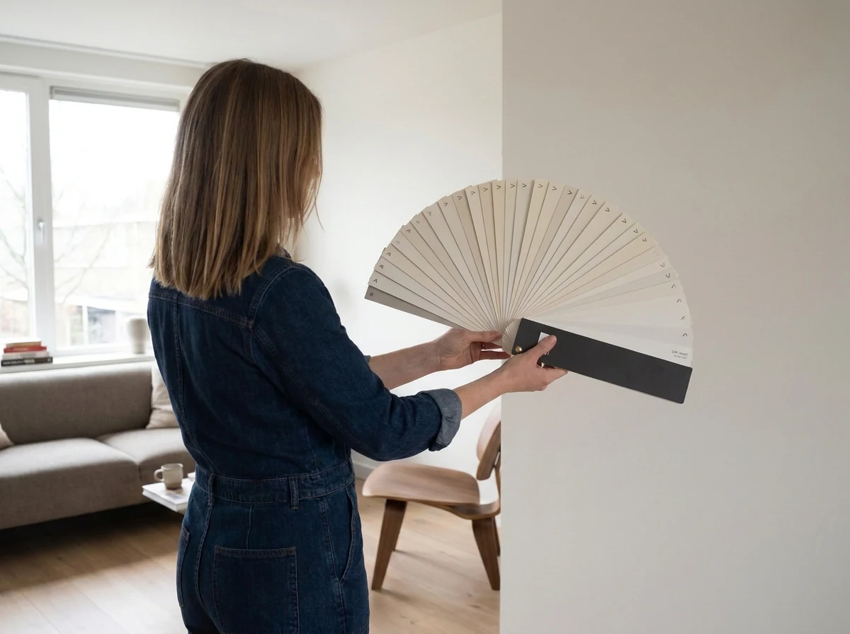 Pleunie vergelijkt een brede waaier met warme en koele wittinten in een woonkamer